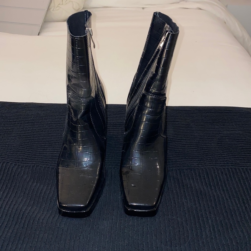ASOS RAID Wide Fit Silonna square toe boots in black patent croc